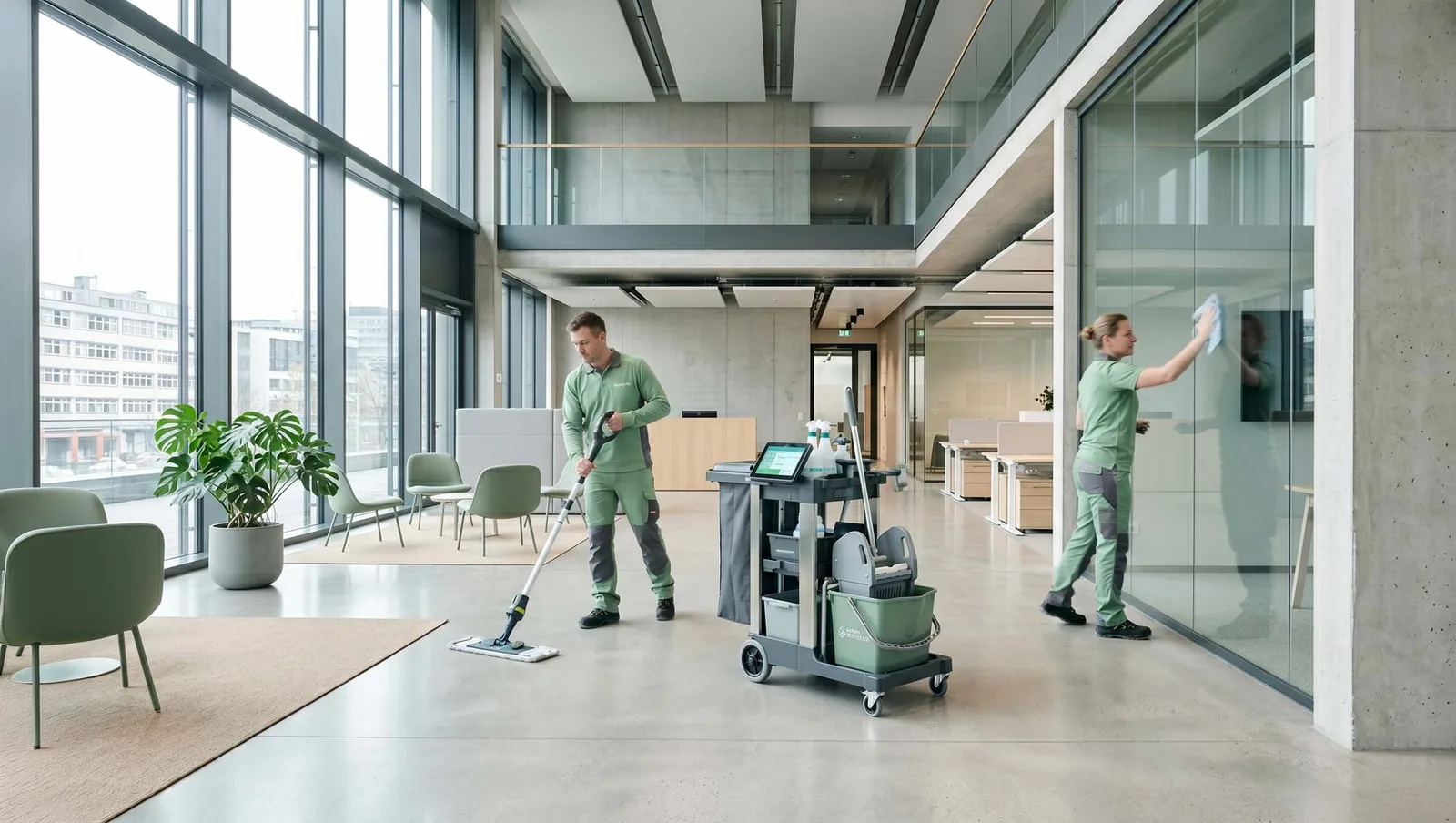 Einsatzbereiche von NEUBO in Berlin – Gebäudeservice für die Hauptstadtregion NEUBO-Mitarbeiter bei der Gebäudebetreuung an einem Berliner Standort – Einsatzbereiche im Facility Management