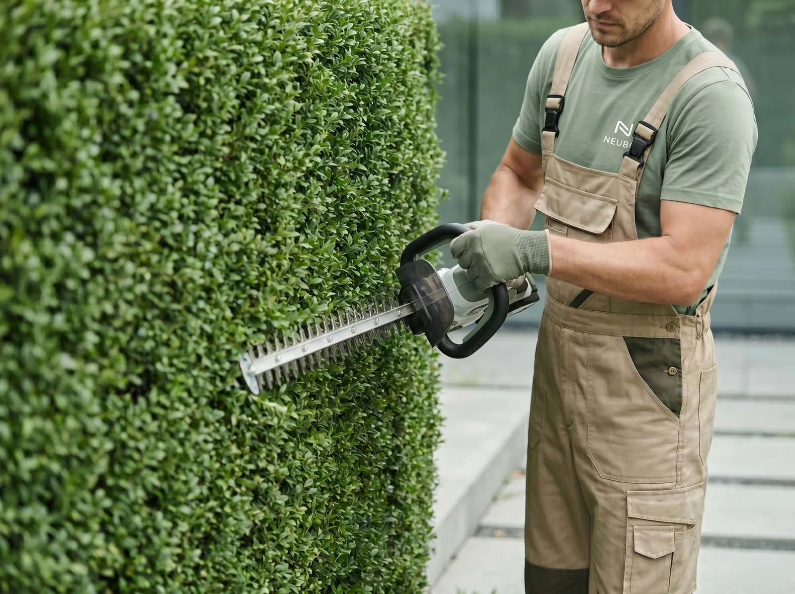 Professionelle Gartenpflege und Außenanlagenpflege für Immobilien – NEUBO Facility Service Gepflegte Hecke und Außenanlage einer betreuten Gewerbeimmobilie – professionelle Gartenpflege durch NEUBO Facility Service